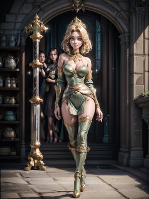 {((1woman))}, {only she is (((black modern medieval armor with small gold parts extremely small and tight on the body, medieval sword on the scabbard fastened at the waist)), only she has ((giant breasts)), (((very short blonde hair, green eyes, vampire fangs)), ((staring at the viewer, smiling, expression of desire)), (((fighting pose))}, {((in city of King Arthur's time,  with multiple people, product sales fair))}, ((full body):1.5), 16k, best quality, best resolution, best sharpness,