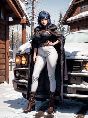 A hunting woman, wearing a wolf's fur coat, white T-shirt, long black pants, brown leather boots, monstrously gigantic breasts, blue hair, short hair, hair with bangs in front of her eyes, looking at the viewer, hood on her head, (((erotic pose interacting and leaning [on something in the environment|on an object]))), in front of the entrance of a house all made of wood, with snow vehicle, machines, tools, mountain bottom with lots of snow, snowing hard, ((full body):1.5), 16k, UHD, best possible quality, ultra detailed, best possible resolution, Unreal Engine 5, professional photography, ((well-detailed fingers)),  ((well-detailed hand)), ((perfect_hands))