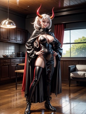A woman, wearing black wick costume with parts in red + red metallic armor, gigantic breasts, white hair, very short hair, hair stuck, horns on the head, bangs in front of the eyes, looking at the viewer, (((erotic pose interacting and leaning on an object))), in an old house all destroyed and dirty, with furniture, with appliance, with window shown the whole city destroyed, ((full body):1.5). 16k, UHD, best possible quality, ((best possible detail):1), best possible resolution, Unreal Engine 5, professional photography, perfect_hands