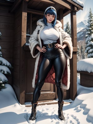 A hunting woman, wearing a wolf's fur coat, white T-shirt, long black pants, brown leather boots, monstrously gigantic breasts, blue hair, short hair, hair with bangs in front of her eyes, looking at the viewer, hood on her head, (((erotic pose interacting and leaning [on something in the environment|on an object]))), in front of the entrance of a house all made of wood, with snow vehicle, machines, tools, mountain bottom with lots of snow, snowing hard, ((full body):1.5), 16k, UHD, best possible quality, ultra detailed, best possible resolution, Unreal Engine 5, professional photography, ((well-detailed fingers)),  ((well-detailed hand)), ((perfect_hands))