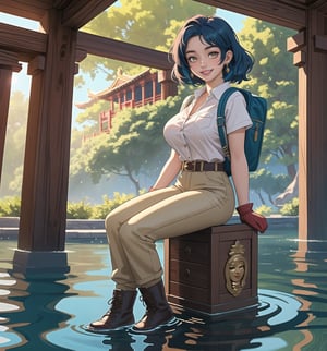 A fantasy-adventure masterpiece, rendered in ultra-detailed 8K with vibrant, realistic details. | Lara, a young 23-year-old woman, is dressed in an adventurer outfit consisting of a beige shirt, brown pants, leather boots, gloves, a belt with pockets and a backpack. Her ((short blue hair)) is styled in a stylish modern cut, with light effects shining on it. She has golden eyes, ((looking at the viewer while smiling and showing her teeth)), wearing red lipstick. It is located in an ancient temple submerged in water, with rock and wooden structures carved with ancient emblems. The altars and sculptures add to the beauty and mystery of the place. The sunlight penetrating the water creates a dazzling effect, enhancing the majesty of the temple. | The image highlights Lara's athletic figure and the architectural elements of the ancient temple. The rock and wooden structures, together with the altars and sculptures, create a mystical and enchanting environment. The sunlight penetrating the water enhances the beauty and majesty of the temple. | Soft, glowing lighting effects create a magical, enchanting atmosphere, while detailed textures on clothing, hair, and structures add realism to the image. | A stunning scene of a young woman in an ancient temple submerged in water, exploring themes of fantasy, adventure and natural beauty. | (((The image reveals a full-body shot as Lara assumes a sensual pose, engagingly leaning against a structure within the scene in an exciting manner. She takes on a sensual pose as she interacts, boldly leaning on a structure, leaning back and boldly throwing herself onto the structure, reclining back in an exhilarating way.))). | ((((full-body shot)))), ((perfect pose)), ((perfect arms):1.2), ((perfect limbs, perfect fingers, better hands, perfect hands, hands)), ((perfect legs, perfect feet):1.2), ((huge breasts)), ((perfect design)), ((perfect composition)), ((very detailed scene, very detailed background, perfect layout, correct imperfections)), Enhance, Ultra details++, More Detail, poakl