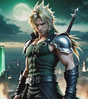 ((Masterpiece in 8K resolution, art style inspired by Final Fantasy 7, dramatic lighting and mystical atmosphere, detailed textures and an epic environment, suitable for PS3 game cover.)) | The game's cover features Cloud Strife in the center, standing, holding his Buster Sword in one hand, with magical flames glowing below. The background shows the futuristic city of Midgar, with tall buildings and Mako reactors lighting up the night sky. Final Fantasy 7 game logo and PS3 icons are positioned in a balanced way in the composition. | In the background, the iconic enemy Sephiroth appears subtly, with his sword Masamune and black wings spread, looking down with piercing green eyes. Magical and energetic effects create an air of imminent battle. | Dynamic composition with Cloud in a powerful, centralized pose, contrasting with Sephiroth's sinister appearance. The camera angle captures the determination in his eyes and the grandeur of the scene. | Dramatic lighting effects and deep shadows highlight the detailed textures of the characters and create an interesting contrast with the urban-fantasy environment. | An epic and emotional cover that represents the essence of Final Fantasy 7, with Cloud Strife as the central focus and the game's iconic elements, suitable for the PS3 version. | (((((full-body portrait))))), ((perfect_pose, perfect_anatomy, perfect_body)), ((perfect_fingers, perfect_hands, better_hands)), ((perfect_composition, perfect_design, perfect_layout, perfect_detail), (ultra_detailed, More Detail, Enhance))