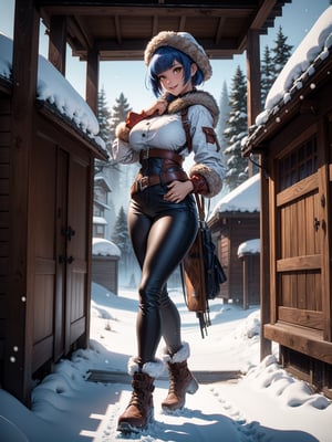 A hunting woman, wearing a wolf's fur coat, white T-shirt, long black pants, brown leather boots, monstrously gigantic breasts, blue hair, short hair, hair with bangs in front of her eyes, looking at the viewer, hood on her head, (((erotic pose interacting and leaning [on something in the environment|on an object]))), in front of the entrance of a house all made of wood, with snow vehicle, machines, tools, mountain bottom with lots of snow, snowing hard, ((full body):1.5), 16k, UHD, best possible quality, ultra detailed, best possible resolution, Unreal Engine 5, professional photography, (( well-detailed fingers, well-detailed hand, perfect_hands))