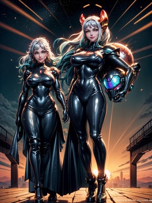 Just a beautiful woman, wearing mecha costume+medieval armor+black Samus Aran costume with golden metallic parts, absurdly giant breasts, blue hair, extremely short hair, hair with bangs in front of the eyes, helmet on the head, looking at the viewer, (((erotic pose interacting and leaning on something))), in a city, vehicles, machines, monsters, large structures, beautiful landscape background with sunset, ((full body):1.5) ,((Super Metroid)), 16k, UHD, best possible quality, ((ultra detailed):1), best possible resolution, Unreal Engine 5, professional photography, perfect_hands