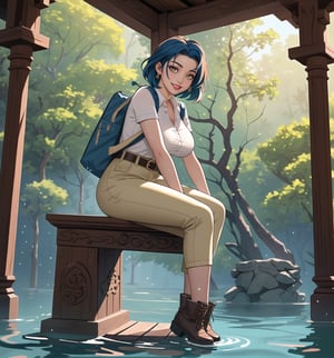 A fantasy-adventure masterpiece, rendered in ultra-detailed 8K with vibrant, realistic details. | Lara, a young 23-year-old woman, is dressed in an adventurer outfit consisting of a beige shirt, brown pants, leather boots, gloves, a belt with pockets and a backpack. Her ((short blue hair)) is styled in a stylish modern cut, with light effects shining on it. ((She has golden eyes, looking at the viewer while smiling and showing her teeth, wearing red lipstick)). It is located in an ancient temple submerged in water, with rock and wooden structures carved with ancient emblems. The altars and sculptures add to the beauty and mystery of the place. The sunlight penetrating the water creates a dazzling effect, enhancing the majesty of the temple. | The image highlights Lara's athletic figure and the architectural elements of the ancient temple. The rock and wooden structures, together with the altars and sculptures, create a mystical and enchanting environment. The sunlight penetrating the water enhances the beauty and majesty of the temple. | Soft, glowing lighting effects create a magical, enchanting atmosphere, while detailed textures on clothing, hair, and structures add realism to the image. | A stunning scene of a young woman in an ancient temple submerged in water, exploring themes of fantasy, adventure and natural beauty. | (((The image reveals a full-body shot as Lara assumes a sensual pose, engagingly leaning against a structure within the scene in an exciting manner. She takes on a sensual pose as she interacts, boldly leaning on a structure, leaning back and boldly throwing herself onto the structure, reclining back in an exhilarating way.))). | ((((full-body shot)))), ((perfect pose)), ((perfect arms):1.2), ((perfect limbs, perfect fingers, better hands, perfect hands, hands)), ((perfect legs, perfect feet):1.2), ((huge breasts)), ((perfect design)), ((perfect composition)), ((very detailed scene, very detailed background, perfect layout, correct imperfections)), Enhance, Ultra details++, More Detail, poakl