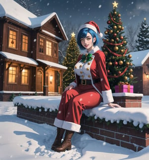 A fantasy, Christmas, horror and macabre masterpiece, rendered in ultra-detailed 8K with realistic and vibrant details. | Noelle, a young 23-year-old woman, is dressed in a Santa Claus costume consisting of a red coat with white details, red pants, black boots and a Santa hat. Her her ((short blue hair)) is styled in a modern and stylish cut, with light effects shining on it. ((She has golden eyes, looking at the viewer while smiling and showing her teeth)), wearing red lipstick. It is located in front of a house made of bricks, at night, during a heavy snowfall. The wooden and brick structures, Christmas tree and gift bag add to the festive and magical atmosphere of the place. The gently falling snow creates an enchanting effect, enhancing the beauty of the scene. | The image highlights Noelle's attractive figure and the architectural elements of the brick house. The wooden and brick structures, together with the Christmas tree and bag of gifts, create a magical and enchanting environment. The gently falling snow enhances the beauty and festive atmosphere of the scene. | Soft, glowing lighting effects create a magical, enchanting atmosphere, while detailed textures on clothing, hair, and structures add realism to the image. | A stunning scene of a young woman dressed as Santa Claus in front of a brick house during a heavy snowfall, exploring themes of fantasy, Christmas, horror and the macabre. | (((The image reveals a full-body shot as Noelle assumes a sensual pose, engagingly leaning against a structure within the scene in an exciting manner. She takes on a sensual pose as she interacts, boldly leaning on a structure, leaning back and boldly throwing herself onto the structure, reclining back in an exhilarating way.))). | ((((full-body shot)))), ((perfect pose)), ((perfect arms):1.2), ((perfect limbs, perfect fingers, better hands, perfect hands, hands)), ((perfect legs, perfect feet):1.2), ((huge breasts)), ((perfect design)), ((perfect composition)), ((very detailed scene, very detailed background, perfect layout, correct imperfections)), Enhance, Ultra details++, More Detail, poakl