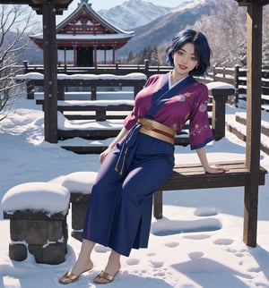 A fantasy-adventure masterpiece, rendered in ultra-detailed 8K with vibrant, realistic details. | Yumi, a young 23-year-old woman, is dressed in a traditional purple Japanese kimono, with a black obi tied around her waist. Her short ((blue hair)) is styled in a modern and stylish cut, with light effects shining on it. ((She has golden eyes, looking at the viewer while smiling and showing her teeth, wearing red lipstick)). It is located in an ancient temple in the snowy mountains, with rock and wooden structures covered in snow. The ice-covered sculptures and bench add to the beauty and mystery of the place. The sunlight shining on the snow creates a dazzling effect, highlighting the majesty of the mountains. | The image highlights Yumi's elegant figure and the architectural elements of the ancient temple. The rock and wooden structures, along with the ice-covered sculptures and bench, create a mystical and enchanting environment. The sunlight shining on the snow highlights the beauty and majesty of the mountains. | Soft, glowing lighting effects create a magical, enchanting atmosphere, while detailed textures on clothing, hair, and structures add realism to the image. | A stunning scene of a young woman in an ancient temple in the snowy mountains, exploring themes of fantasy, adventure and natural beauty. | (((The image reveals a full-body shot as Yumi assumes a sensual pose, engagingly leaning against a structure within the scene in an exciting manner. She takes on a sensual pose as she interacts, boldly leaning on a structure, leaning back and boldly throwing herself onto the structure, reclining back in an exhilarating way.))). | ((((full-body shot)))), ((perfect pose)), ((perfect arms):1.2), ((perfect limbs, perfect fingers, better hands, perfect hands, hands)), ((perfect legs, perfect feet):1.2), ((huge breasts)), ((perfect design)), ((perfect composition)), ((very detailed scene, very detailed background, perfect layout, correct imperfections)), Enhance, Ultra details++, More Detail, poakl