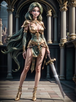 {((1woman))}, {only she is (((black modern medieval armor with small golden parts extremely small and tight on the body, medieval sword in the sheath fastened at the waist)), only she has ((giant breasts)), (((very short green hair, blue eyes)), ((staring at the viewer, smiling, expression of desire)), ((fighting pose)}, {((in city of King Arthur's time, with multiple people,  product sales fair))}, ((full body):1.3), 16k, best quality, best resolution, best sharpness,