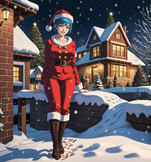 A fantasy, Christmas, horror and macabre masterpiece, rendered in ultra-detailed 8K with realistic and vibrant details. | Noelle, a young 23-year-old woman, is dressed in a Santa Claus costume consisting of a red coat with white details, red pants, black boots and a Santa hat. Her (her (short blue hair)) is styled in a modern and stylish cut, with light effects shining on it. She has ((golden eyes, looking at the viewer while smiling and showing her teeth)), wearing red lipstick. It is located in front of a house made of bricks, at night, during a heavy snowfall. The wooden and brick structures, Christmas tree and gift bag add to the festive and magical atmosphere of the place. The gently falling snow creates an enchanting effect, enhancing the beauty of the scene. | The image highlights Noelle's attractive figure and the architectural elements of the brick house. The wooden and brick structures, together with the Christmas tree and bag of gifts, create a magical and enchanting environment. The gently falling snow enhances the beauty and festive atmosphere of the scene. | Soft, glowing lighting effects create a magical, enchanting atmosphere, while detailed textures on clothing, hair, and structures add realism to the image. | A stunning scene of a young woman dressed as Santa Claus in front of a brick house during a heavy snowfall, exploring themes of fantasy, Christmas, horror and the macabre. | (((The image reveals a full-body shot as Noelle assumes a sensual pose, engagingly leaning against a structure within the scene in an exciting manner. She takes on a sensual pose as she interacts, boldly leaning on a structure, leaning back and boldly throwing herself onto the structure, reclining back in an exhilarating way.))). | ((((full-body shot)))), ((perfect pose)), ((perfect arms):1.2), ((perfect limbs, perfect fingers, better hands, perfect hands, hands)), ((perfect legs, perfect feet):1.2), ((huge breasts)), ((perfect design)), ((perfect composition)), ((very detailed scene, very detailed background, perfect layout, correct imperfections)), Enhance, Ultra details++, More Detail, poakl