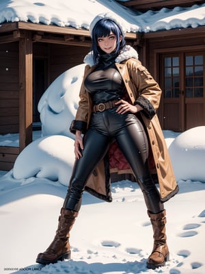 A hunting woman, wearing a wolf's fur coat, white T-shirt, long black pants, brown leather boots, monstrously gigantic breasts, blue hair, short hair, hair with bangs in front of her eyes, looking at the viewer, hood on her head, (((erotic pose interacting and leaning [on something in the environment|on an object]))), in front of the entrance of a house all made of wood, with snow vehicle, machines, tools, mountain bottom with lots of snow, snowing hard, ((full body):1.5), 16k, UHD, best possible quality, ultra detailed, best possible resolution, Unreal Engine 5, professional photography, ((well-detailed fingers)),  ((well-detailed hand)), ((perfect_hands))