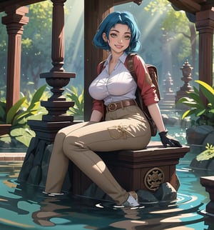 A fantasy-adventure masterpiece, rendered in ultra-detailed 8K with vibrant, realistic details. | Lara, a young 23-year-old woman, is dressed in an adventurer outfit consisting of a beige shirt, brown pants, leather boots, gloves, a belt with pockets and a backpack. Her ((short blue hair)) is styled in a stylish modern cut, with light effects shining on it. She has golden eyes, ((looking at the viewer while smiling and showing her teeth)), wearing red lipstick. It is located in an ancient temple submerged in water, with rock and wooden structures carved with ancient emblems. The altars and sculptures add to the beauty and mystery of the place. The sunlight penetrating the water creates a dazzling effect, enhancing the majesty of the temple. | The image highlights Lara's athletic figure and the architectural elements of the ancient temple. The rock and wooden structures, together with the altars and sculptures, create a mystical and enchanting environment. The sunlight penetrating the water enhances the beauty and majesty of the temple. | Soft, glowing lighting effects create a magical, enchanting atmosphere, while detailed textures on clothing, hair, and structures add realism to the image. | A stunning scene of a young woman in an ancient temple submerged in water, exploring themes of fantasy, adventure and natural beauty. | (((The image reveals a full-body shot as Lara assumes a sensual pose, engagingly leaning against a structure within the scene in an exciting manner. She takes on a sensual pose as she interacts, boldly leaning on a structure, leaning back and boldly throwing herself onto the structure, reclining back in an exhilarating way.))). | ((((full-body shot)))), ((perfect pose)), ((perfect arms):1.2), ((perfect limbs, perfect fingers, better hands, perfect hands, hands)), ((perfect legs, perfect feet):1.2), ((huge breasts)), ((perfect design)), ((perfect composition)), ((very detailed scene, very detailed background, perfect layout, correct imperfections)), Enhance, Ultra details++, More Detail, poakl