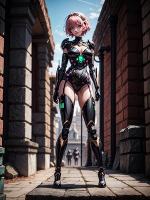 {((1woman))}, only she is {((worn black cybernetic armor with gold parts, extremely tight and short on the body)), only she has ((very short pink hair, green eyes)), ((very large breasts)), ((fighting pose)), only she is smiling and staring at the viewer, ((she is in a macabre temple, made of metal and stone, several robot guards, stone robots, various equipment futurists, bright light))}, ((full body):1.5), 16k, best quality, best resolution, best sharpness