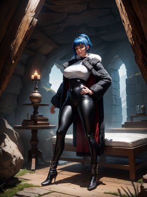 A woman, wearing a black bear fur coat, white T-shirt, black leather pants, brown leather boots, hood on her head, monstrously gigantic breasts, blue hair, short hair, hair with bangs in front of her eyes, hair with ponytail, looking at the viewer, ((((erotic pose interacting and leaning [on something in the environment|on an object]))), in a totally frozen cave with a house made of wood, with furniture, window, machines, cold wind, ((full body):1.5), 16k, UHD, best possible quality, ultra detailed, best possible resolution, Unreal Engine 5, professional photography, ((well-detailed fingers)), ((well-detailed hand)), ((perfect_hands))