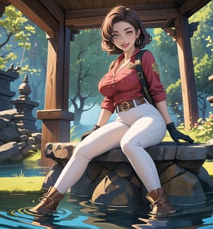 A fantasy-adventure masterpiece, rendered in ultra-detailed 8K with vibrant, realistic details. | Lara, a young 23-year-old woman, is dressed in an adventurer outfit consisting of a beige shirt, brown pants, leather boots, gloves, a belt with pockets and a backpack. Her short blue hair is styled in a stylish modern cut, with light effects shining on it. ((She has golden eyes, looking at the viewer while smiling and showing her teeth, wearing red lipstick)). It is located in an ancient temple submerged in water, with rock and wooden structures carved with ancient emblems. The altars and sculptures add to the beauty and mystery of the place. The sunlight penetrating the water creates a dazzling effect, enhancing the majesty of the temple. | The image highlights Lara's athletic figure and the architectural elements of the ancient temple. The rock and wooden structures, together with the altars and sculptures, create a mystical and enchanting environment. The sunlight penetrating the water enhances the beauty and majesty of the temple. | Soft, glowing lighting effects create a magical, enchanting atmosphere, while detailed textures on clothing, hair, and structures add realism to the image. | A stunning scene of a young woman in an ancient temple submerged in water, exploring themes of fantasy, adventure and natural beauty. | (((The image reveals a full-body shot as Lara assumes a sensual pose, engagingly leaning against a structure within the scene in an exciting manner. She takes on a sensual pose as she interacts, boldly leaning on a structure, leaning back and boldly throwing herself onto the structure, reclining back in an exhilarating way.))). | ((((full-body shot)))), ((perfect pose)), ((perfect arms):1.2), ((perfect limbs, perfect fingers, better hands, perfect hands, hands)), ((perfect legs, perfect feet):1.2), ((huge breasts)), ((perfect design)), ((perfect composition)), ((very detailed scene, very detailed background, perfect layout, correct imperfections)), Enhance, Ultra details++, More Detail, poakl