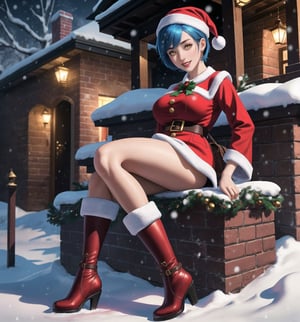 A fantasy, Christmas, horror and macabre masterpiece, rendered in ultra-detailed 8K with realistic and vibrant details. | Noelle, a young 23-year-old woman, is dressed in a Santa Claus costume consisting of a red coat with white details, red pants, black boots and a Santa hat. Her her ((short blue hair)) is styled in a modern and stylish cut, with light effects shining on it. ((She has golden eyes, looking at the viewer while smiling and showing her teeth)), wearing red lipstick. It is located in front of a house made of bricks, at night, during a heavy snowfall. The wooden and brick structures, Christmas tree and gift bag add to the festive and magical atmosphere of the place. The gently falling snow creates an enchanting effect, enhancing the beauty of the scene. | The image highlights Noelle's attractive figure and the architectural elements of the brick house. The wooden and brick structures, together with the Christmas tree and bag of gifts, create a magical and enchanting environment. The gently falling snow enhances the beauty and festive atmosphere of the scene. | Soft, glowing lighting effects create a magical, enchanting atmosphere, while detailed textures on clothing, hair, and structures add realism to the image. | A stunning scene of a young woman dressed as Santa Claus in front of a brick house during a heavy snowfall, exploring themes of fantasy, Christmas, horror and the macabre. | (((The image reveals a full-body shot as Noelle assumes a sensual pose, engagingly leaning against a structure within the scene in an exciting manner. She takes on a sensual pose as she interacts, boldly leaning on a structure, leaning back and boldly throwing herself onto the structure, reclining back in an exhilarating way.))). | ((((full-body shot)))), ((perfect pose)), ((perfect arms):1.2), ((perfect limbs, perfect fingers, better hands, perfect hands, hands)), ((perfect legs, perfect feet):1.2), ((huge breasts)), ((perfect design)), ((perfect composition)), ((very detailed scene, very detailed background, perfect layout, correct imperfections)), Enhance, Ultra details++, More Detail, poakl