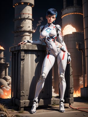A woman, wearing white heroin costume + iron man costume, all black with white parts, tight and tight costume, monstrously giant breasts, blue hair, short hair, mohawk hair, looking at the viewer,(((pose interacting and leaning [on a structure|on something|on an object]))), in a nuclear power plant with toxic waste leaking, machines, pollution in every environment, is at night, many explosions, ((full body):1.5), 16k, UHD, best possible quality, ultra detailed, best possible resolution, Unreal Engine 5, professional photography, well-detailed fingers, well-detailed hand, perfect_hands
