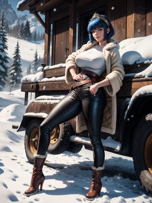 A hunting woman, wearing a wolf's fur coat, white T-shirt, long black pants, brown leather boots, monstrously gigantic breasts, blue hair, short hair, hair with bangs in front of her eyes, looking at the viewer, hood on her head, (((erotic pose interacting and leaning [on something in the environment|on an object]))), in front of the entrance of a house all made of wood, with snow vehicle, machines, tools, mountain bottom with lots of snow, snowing hard, ((full body):1.5), 16k, UHD, best possible quality, ultra detailed, best possible resolution, Unreal Engine 5, professional photography, ((well-detailed fingers)),  ((well-detailed hand)), ((perfect_hands))