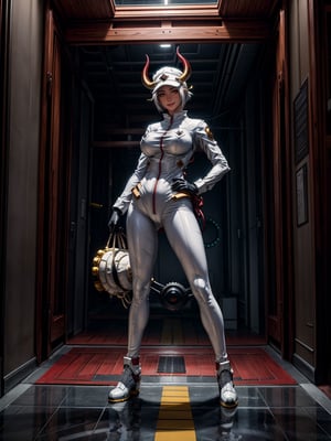 Just one woman, wearing white wick costume + golden armor, extremely tight and short, gigantic breasts, short hair, hair with bangs in front of her eyes, hat on her head, horns on her head, staring at the viewer, (((erotic pose interacting and leaning on something))), inside a giant robot with computers, control panel, machines, gears, visor showing a giant monster in a city, ((full body):1.5), 16k, UHD, best possible quality, ((ultra detailed):1.2), best possible resolution, Unreal Engine 5, professional photography, (((perfect_hands))), YamatoOP