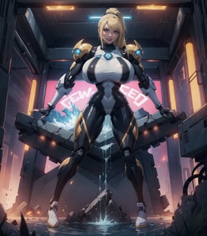 Masterpiece in maximum 16K resolution, inspired by the Super Metroid and Mecha styles, creating an epic and technological fusion. | In a futuristic and alien scene, the fearless 22-year-old woman, Samus Aran, shines wearing an imposing all-white mecha suit, with red parts and adorned with golden neon lights. Her long blonde hair, tied in a ponytail, adds a dynamic touch to the look, while her red_eyes stare directly at the viewer, conveying unwavering determination. | The Alien Dungeon reveals itself as a maze of wonders and dangers, with ancient structures that tell stories of past civilizations, mysterious altars that add a magical touch, and complex machines and advanced computers suggesting technologies beyond human understanding. Destroyed robots indicate epic battles fought in the past, leaving a trail of legends and challenges. | Pipes drip acidic liquid, creating a dangerous and unpredictable atmosphere, while an acid pond adds an element of risk to the environment, challenging any intruder. | The scene is composed with a engaging angle, highlighting Samus Aran in the center of the action, ready to explore and face the challenges of this Alien Dungeon. Cinematic lighting accentuates the details of the mecha suit, with its golden neon lights and red parts, creating a vibrant contrast with the alien environment. | The warrior woman embodies the fusion of the epic and the technological, representing courage in the face of the unknown. | {The camera is positioned very close to her, revealing her entire body as she adopts a sensual_pose, interacting with and leaning on a structure in the scene in an exciting way} | She is adopting a ((sensual_pose as interacts, boldly leaning on a structure, leaning back in an exciting way):1.3), ((perfect_pose)), ((perfect_pose):1.5), (((full body))), ((perfect_fingers, better_hands, hands, perfect_hands, perfect_legs)), ((perfect_fingers, perfect_hands, perfect_legs):0.7), ((gigantic_breasts)), ((More_Detail)),