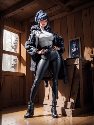 A woman, wearing a black bear fur coat, white T-shirt, black leather pants, brown leather boots, hood on her head, monstrously gigantic breasts, blue hair, short hair, hair with bangs in front of her eyes, hair with ponytail, looking at the viewer, ((((erotic pose interacting and leaning [on something in the environment|on an object]))), in a totally frozen cave with a house made of wood, with furniture, window, machines, cold wind, ((full body):1.5), 16k, UHD, best possible quality, ultra detailed, best possible resolution, Unreal Engine 5, professional photography, ((well-detailed fingers)), ((well-detailed hand)), ((perfect_hands))