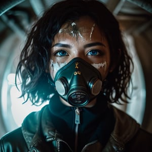A cinematic, up close photograph of A woman, her face covered in grime and scars. She wears a patched leather jacket and a worn - out gas mask, showcasing her survivalist nature. The color style is desaturated with a slight teal tint, enhancing the gritty atmosphere. The mood is intense and introspective. The environment is a dimly lit underground bunker, with flickering fluorescent lights casting eerie shadows. The camera angle is tight, focusing on the woman's eyes and facial features. DSLR, ISO 800, shutter speed 1/ 200, focal length 50mm, shallow depth of field. The weather is irrelevant in this enclosed space.  99post96apocalyptic44