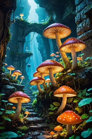 underground ancient city, glowing mushrooms, breathtaking, vibrant, magic, fantasy