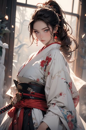 1girl,Sweet,, ,full body ,large breasts,The background is winter,snowy garden,1 girl,beautiful girl,Female Samurai, Holding a Japanese Sword, shining bracelet,beautiful hanfu(white, transparent),cape, solo, {beautiful and detailed eyes}, calm expression, natural and soft light, delicate facial features,very small earrings, ((model pose)), Glamor body type, (dark hair:1.2),  beehive,long ponytail,very_long_hair, hair past hip, curly hair, flim grain, realhands, masterpiece, Best Quality, photorealistic, ultra-detailed, finely detailed, high resolution, perfect dynamic composition, beautiful detailed eyes, eye smile, ((nervous and embarrassed)), sharp-focus, full_body, sexy pose,cowboy_shot,Samurai girl,glowing forehead,lighting, Japanese Samurai Sword (Katana),girl