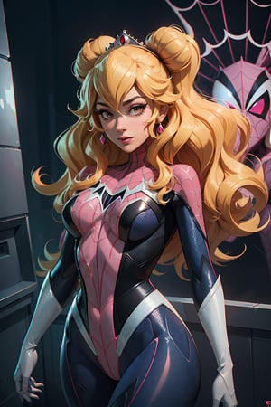 Princess peach in the style of SM, solo, (spiderverse-suit:1.2), spectacular detail, perfect outline, (suit quality:1.1), (texturing of clothes:1.1), HD