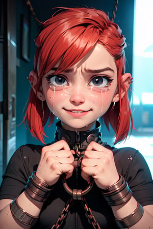((Nimona)), expresive face, cute smilin, spider_girl, ((suit black)), (Crying eyes cute:1.2), (((shackles in their hands))), Danger 102c