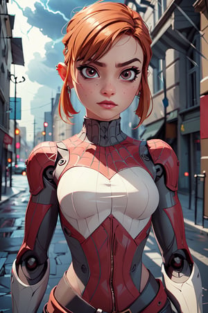 Nimona, spider suit, intricate details, {{{pefect.body}}}, eyes pefect-robotic-iris, super spider, storm, HD, light_brown_hair