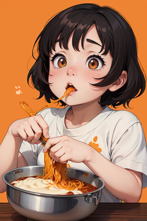 Watercolor studio ghibli style of chubby calico kitten eating spaghetti all smeared with orange paste and with a surprised face looking up with eyes of tenderness because he was discovered.