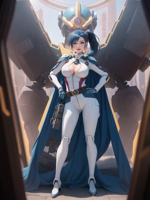 In high-resolution UHD, mecha musume style with nuances of Chrono Trigger. | An imposing woman wearing a white robotic suit, blue accents, and circular lights, standing out with a snug outfit and striking breasts. A cybernetic belt with a bright jewel at the center adorns her waist. Short blue hair with a ponytail adds elegance. With a futuristic helmet, she gazes directly at the observer on an aircraft filled with Square Enix's giant machines and robots. The window reveals a fantastic panorama. | Composition with atmospheric perspective, wide angle, and f/4.0 aperture to enhance depth. Effects like global illumination and projected shadows create an immersive atmosphere. | A mecha musume warrior, ready to unravel temporal mysteries on her journey inspired by Chrono Trigger. | She: ((interacting and leaning on anything, very large structure+object, leaning against, sensual pose):1.3), ((Full body image)), perfect hand, fingers, hand, perfect, better_hands, More Detail.
