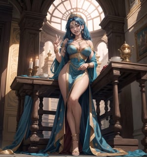 Image in 4K ultra-sharp with a Persian, Arabic, and Oriental style, combining religious elements and opulence. | A 29-year-old woman with long and straight blue hair, dressed in a Persian princess outfit, is standing inside a Persian temple. The outfit consists of a long and flowing dress in shades of blue and gold, with embroidery and precious stone details. She is also wearing a gold tiara with precious stones, a necklace with a star-shaped pendant, and gold bracelets. Her red eyes shine with happiness, and her mouth opens in a radiant smile, showing her white and well-aligned teeth, while her cheeks are flushed. | The composition of the image is in a wide-angle shot, emphasizing the woman's figure and the architectural elements of the temple. The stone walls, columns, statues, wooden gates, tables, metal candelabras, lamps, and stone altar, all over half a meter high, create a majestic and sacred environment. The natural lighting that enters through the high windows highlights the details of the scene. | Soft and warm lighting effects create a welcoming and mystical atmosphere, while detailed textures on the structures and the outfit add realism to the image. The intense shine of the woman's blue hair and the shine of the precious stones on the outfit and the tiara are highlighted by the rays of light that enter the scene. | A happy and enchanting scene of a woman dressed as a Persian princess inside a majestic temple, combining religious elements and opulence. | (((((The image reveals a full-body_shot as she assumes a joyful_pose, engagingly interacting with the structures within the scene in an exciting manner. She takes on a relaxed_pose as she interacts, boldly leaning on a structure, leaning back in an exciting way))))) | ((perfect_anatomy, perfect_body, perfect_pose)), ((full-body_shot)), ((perfect fingers, better hands, perfect hands):1.5), ((perfect legs, perfect feet):1.5), ((perfect design,, correct errors, perfect composition)), ((very detailed scene, very detailed background, correct imperfections, perfect layout)), ((More Detail, Enhance))