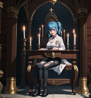 A Gothic-style masterpiece and Castlevania Symphony of the Night rendered in ultra-detailed 4K. | Aya, a young 23-year-old woman, is dressed in a Frankenstein-inspired outfit consisting of a ripped white shirt, ripped black pants, black leather boots, and a stained lab coat. Her short ((blue hair)) is disheveled with two pigtails held together by silver clips. Her ((golden eyes)) shine as ((she looks at the viewer, smiling and showing her white teeth)). It is located in an old castle, with rock and metal structures. An altar stands in the center of the site, surrounded by figurines and candelabra. Metallic structures and altars with macabre emblems complete the dark and gothic environment. | The image highlights Aya's imposing figure and the castle's architectural elements. The rock and metal structures, the altar, the statuettes, the chandeliers and the macabre emblems create a gothic and dark atmosphere. The lit candles illuminate the scene, creating dramatic shadows and highlighting the details of the scene. | Soft, shadowy lighting effects create a tense, uncomfortable atmosphere, while rough, detailed textures on structures and objects add realism to the image. | A gothic and mysterious scene of a mad scientist in an ancient castle, fusing elements of Frankenstein and Castlevania Symphony of the Night. | (((The image reveals a full-body shot as Aya assumes a sensual pose, engagingly leaning against a structure within the scene in an exciting manner. She takes on a sensual pose as she interacts, boldly leaning on a structure, leaning back and boldly throwing herself onto the structure, reclining back in an exhilarating way.))). | ((((full-body shot)))), ((perfect pose)), ((perfect arms):1.2), ((perfect limbs, perfect fingers, better hands, perfect hands, hands)), ((perfect legs, perfect feet):1.2), ((huge breasts)), ((perfect design)), ((perfect composition)), ((very detailed scene, very detailed background, perfect layout, correct imperfections)), Enhance, Ultra details++, More Detail, poakl