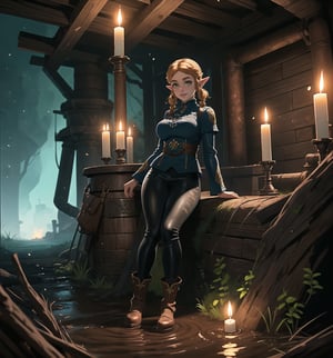 A Breath of the Wild Zelda-style masterpiece, fantasy adventure rendered in ultra-detailed 4K. | Princess Zelda, a young 23-year-old woman, is dressed in a hydraulic firefighter outfit, consisting of a black leather jacket, black leather pants, black rubber boots and a yellow protective helmet. Her short ((pink hair)) is disheveled with two pigtails held in place by silver barrettes. Her green eyes shine as she looks at the viewer, smiling and showing her white teeth. It is located in a filthy pit, with rusty pipes, rocky structures and rotten wood. Mud and dirt cover the floor, while lit candles illuminate the gloomy space. Wooden and stone structures blend into the environment, creating an atmosphere of adventure and danger. | The image highlights the imposing figure of Princess Zelda and the architectural elements of the well. The rusty pipes, rock structures, rotting wood, mud and dirt create an environment of adventure and danger. The lit candles illuminate the scene, creating dramatic shadows and highlighting the details of the scene. | Soft, shadowy lighting effects create a tense, uncomfortable atmosphere, while rough, detailed textures on structures and objects add realism to the image. | An adventure and fantasy scene of a plumber princess in a filthy pit, fusing elements of Zelda Breath of the Wild, adventure and fantasy. | (((The image reveals a full-body shot as the Princess Zelda assumes a sensual pose, engagingly leaning against a structure within the scene in an exciting manner. She takes on a sensual pose as she interacts, boldly leaning on a structure, leaning back and boldly throwing herself onto the structure, reclining back in an exhilarating way.))). | ((((full-body shot)))), ((perfect pose)), ((perfect arms):1.2), ((perfect limbs, perfect fingers, better hands, perfect hands, hands)), ((perfect legs, perfect feet):1.2), ((huge breasts)), ((perfect design)), ((perfect composition)), ((very detailed scene, very detailed background, perfect layout, correct imperfections)), Enhance, Ultra details++, More Detail, poakl