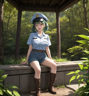 An ultra-detailed 8K masterpiece with fantasy and horror styles, rendered in ultra-high resolution with graphic detail. | Aya, a young 23-year-old woman, is dressed in a park ranger uniform consisting of a green and brown checkered shirt, blue jeans, brown leather boots and a green ranger hat. She has short ((blue hair)), with two pigtails held together by silver barrettes, and a disheveled cut. ((Her golden eyes shine as she looks at the viewer, smiling and showing her white teeth)). It is located in a forest temple, surrounded by tall trees and rock structures. Tree trunks and wooden structures complete the natural environment, while concrete structures blend into the environment. Night has fallen and heavy rain falls, creating a dark and macabre atmosphere in the forest. | The image highlights Aya's imposing and sensual figure, contrasting with the dark and frightening environment of the forest temple. The rock, wooden and concrete structures, together with the vegetation and trees, create a mixed natural and artificial environment. The temple's artificial lighting creates dramatic shadows and highlights the details of the scene. | Soft, shadowy lighting effects create a tense, fear-filled atmosphere, while detailed textures on skin, fabrics, and structures add realism to the image. | A sensual and terrifying scene of a young ranger in a forest temple, exploring themes of fantasy and horror. | (((The image reveals a full-body shot as Aya assumes a sensual pose, engagingly leaning against a structure within the scene in an exciting manner. She takes on a sensual pose as she interacts, boldly leaning on a structure, leaning back and boldly throwing herself onto the structure, reclining back in an exhilarating way.))). | ((((full-body shot)))), ((perfect pose)), ((perfect arms):1.2), ((perfect limbs, perfect fingers, better hands, perfect hands, hands)), ((perfect legs, perfect feet):1.2), ((perfect design)), ((perfect composition)), ((very detailed scene, very detailed background, perfect layout, correct imperfections)), Enhance, Ultra details++, More Detail, poakl