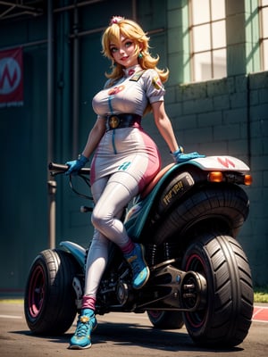 A woman, wearing white formula 1 runner costume with blue parts, gigantic breasts, green hair, very short hair, hair pinned, bangs in front of the eyes, looking at the spectator, (((erotic pose interacting and leaning on an object)))), on a race track with Kart, machinery, grandstand, ((full body):1.5). 16k, UHD, best possible quality, ((best possible detail):1), ((Super Mario Kart)), ((Princess Peach)), best possible resolution, Unreal Engine 5, professional photography, perfect_hands, in the style of SM