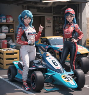 Image in a realistic style with a focus on racing, Kart, and sports, rendered in 8K ultra-detailed. | A 29-year-old woman with long and straight blue hair, dressed in a Kart racing suit, is standing inside a Kart garage. The suit consists of a fitted shirt and pants in shades of blue and white, with stripe details. She is also wearing a racing helmet with a visor, racing gloves, and a belt with tool compartments. Her red eyes shine with happiness, and her mouth opens in a radiant smile, showing her white and well-aligned teeth, while her cheeks are flushed. | The composition of the image is in a wide-angle shot, emphasizing the woman's figure and the elements of the garage. The concrete floor, concrete walls, metal shelves with tools, metal Karts, and worktable with a swivel chair create a sporty and mechanical environment. The artificial lighting shines on the metallic surfaces and highlights the details of the scene. | Soft and cool lighting effects create a challenging and exciting atmosphere, while detailed textures on the structures and the suit add realism to the image. The intense shine of the woman's blue hair is highlighted by the garage lights, while the helmet and the gloves suggest an exciting racing scene. | A happy and exciting scene of a woman dressed as a Kart racer inside a sporty and mechanical garage, with a focus on racing, Kart, and sports. | (((((The image reveals a full-body_shot as she assumes a joyful_pose, engagingly interacting with the Kart and the tools within the scene in an exciting manner. She takes on a relaxed_pose as she interacts, boldly leaning on the Kart, leaning back in an exciting way))))) | ((perfect_anatomy, perfect_body, perfect_pose)), ((full-body_shot)), ((perfect fingers, better hands, perfect hands):1.5), ((perfect legs, perfect feet):1.5), ((perfect design)), correct errors, ((perfect composition)), ((very detailed scene, very detailed background, correct imperfections, perfect layout):1.2), ((More Detail, Enhance))
