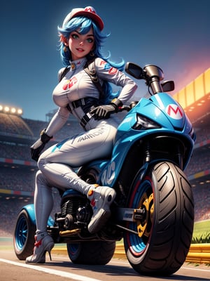 A woman, wearing white formula 1 runner costume with blue parts, gigantic breasts, blue hair, very short hair, hair pinned, bangs in front of the eyes, looking at the spectator, (((erotic pose interacting and leaning on an object))), on a race track with Kart, machinery, grandstand, Formula 1 track background with a beautiful sunset,  ((full body):1.5). 16k, UHD, best possible quality, ((best possible detail):1), ((Super Mario Kart)), Princess Peach, best possible resolution, Unreal Engine 5, professional photography, perfect_hands, in the style of SM