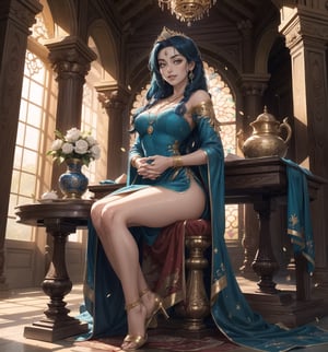 Image in 4K ultra-sharp with a Persian, Arabic, and Oriental style, combining religious elements and opulence. | A 29-year-old woman with long and straight blue hair, dressed in a Persian princess outfit, is standing inside a Persian temple. The outfit consists of a long and flowing dress in shades of blue and gold, with embroidery and precious stone details. She is also wearing a gold tiara with precious stones, a necklace with a star-shaped pendant, and gold bracelets. Her red eyes shine with happiness, and her mouth opens in a radiant smile, showing her white and well-aligned teeth, while her cheeks are flushed. | The composition of the image is in a wide-angle shot, emphasizing the woman's figure and the architectural elements of the temple. The stone walls, columns, statues, wooden gates, tables, metal candelabras, lamps, and stone altar, all over half a meter high, create a majestic and sacred environment. The natural lighting that enters through the high windows highlights the details of the scene. | Soft and warm lighting effects create a welcoming and mystical atmosphere, while detailed textures on the structures and the outfit add realism to the image. The intense shine of the woman's blue hair and the shine of the precious stones on the outfit and the tiara are highlighted by the rays of light that enter the scene. | A happy and enchanting scene of a woman dressed as a Persian princess inside a majestic temple, combining religious elements and opulence. | (((((The image reveals a full-body_shot as she assumes a joyful_pose, engagingly interacting with the structures within the scene in an exciting manner. She takes on a relaxed_pose as she interacts, boldly leaning on a structure, leaning back in an exciting way))))) | ((perfect_anatomy, perfect_body, perfect_pose)), ((full-body_shot)), ((perfect fingers, better hands, perfect hands):1.5), ((perfect legs, perfect feet):1.5), ((perfect design)), ((correct errors):1.5), ((perfect composition)), ((very detailed scene, very detailed background, correct imperfections, perfect layout):1.2), ((More Detail, Enhance))