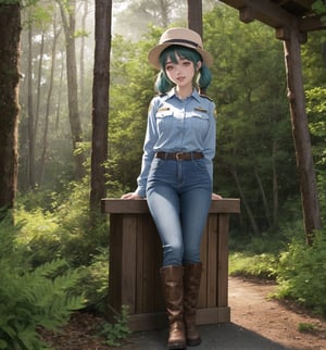 An ultra-detailed 8K masterpiece with fantasy and horror styles, rendered in ultra-high resolution with graphic detail. | Aya, a young 23-year-old woman, is dressed in a park ranger uniform consisting of a green and brown checkered shirt, blue jeans, brown leather boots and a green ranger hat. She has short ((blue hair)), with two pigtails held together by silver barrettes, and a disheveled cut. ((Her golden eyes shine as she looks at the viewer, smiling and showing her white teeth)). It is located in a forest temple, surrounded by tall trees and rock structures. Tree trunks and wooden structures complete the natural environment, while concrete structures blend into the environment. Night has fallen and heavy rain falls, creating a dark and macabre atmosphere in the forest. | The image highlights Aya's imposing and sensual figure, contrasting with the dark and frightening environment of the forest temple. The rock, wooden and concrete structures, together with the vegetation and trees, create a mixed natural and artificial environment. The temple's artificial lighting creates dramatic shadows and highlights the details of the scene. | Soft, shadowy lighting effects create a tense, fear-filled atmosphere, while detailed textures on skin, fabrics, and structures add realism to the image. | A sensual and terrifying scene of a young ranger in a forest temple, exploring themes of fantasy and horror. | (((The image reveals a full-body shot as Aya assumes a sensual pose, engagingly leaning against a structure within the scene in an exciting manner. She takes on a sensual pose as she interacts, boldly leaning on a structure, leaning back and boldly throwing herself onto the structure, reclining back in an exhilarating way.))). | ((((full-body shot)))), ((perfect pose)), ((perfect arms):1.2), ((perfect limbs, perfect fingers, better hands, perfect hands, hands)), ((perfect legs, perfect feet):1.2), ((perfect design)), ((perfect composition)), ((very detailed scene, very detailed background, perfect layout, correct imperfections)), Enhance, Ultra details++, More Detail, poakl