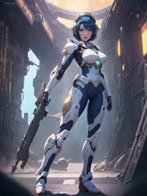 Impeccable 4K resolution, mecha musume style with a touch of contemporary anime. | A warrior clad in a white robotic suit, accentuated by blue accents, circular lights, and finely tuned details. Imposing breasts and short blue hair stand out under a helmet. She stares at the viewer with determination, standing on a futuristic aircraft filled with Square Enix machinery and equipment. The window reveals a shimmering scenery as the protagonist prepares for adventure. | Dynamic composition, attractive angle, and f/4.0 aperture to highlight the character and the Chrono Trigger environment. Effects like glow and lights enhance the futuristic look. | A mecha musume warrior from Square Enix, ready to explore new horizons in her technological aircraft. | She: ((interacting and leaning on anything, very large structure+object, leaning against, sensual pose):1.3), ((Full body image)), perfect hand, fingers, hand, perfect, better_hands, More Detail.