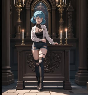 A Gothic-style masterpiece and Castlevania Symphony of the Night rendered in ultra-detailed 4K. | Aya, a young 23-year-old woman, is dressed in a Frankenstein-inspired outfit consisting of a ripped white shirt, ripped black pants, black leather boots, and a stained lab coat. Her short ((blue hair)) is disheveled with two pigtails held together by silver clips. Her ((golden eyes)) shine as ((she looks at the viewer, smiling and showing her white teeth)). It is located in an old castle, with rock and metal structures. An altar stands in the center of the site, surrounded by figurines and candelabra. Metallic structures and altars with macabre emblems complete the dark and gothic environment. | The image highlights Aya's imposing figure and the castle's architectural elements. The rock and metal structures, the altar, the statuettes, the chandeliers and the macabre emblems create a gothic and dark atmosphere. The lit candles illuminate the scene, creating dramatic shadows and highlighting the details of the scene. | Soft, shadowy lighting effects create a tense, uncomfortable atmosphere, while rough, detailed textures on structures and objects add realism to the image. | A gothic and mysterious scene of a mad scientist in an ancient castle, fusing elements of Frankenstein and Castlevania Symphony of the Night. | (((The image reveals a full-body shot as Aya assumes a sensual pose, engagingly leaning against a structure within the scene in an exciting manner. She takes on a sensual pose as she interacts, boldly leaning on a structure, leaning back and boldly throwing herself onto the structure, reclining back in an exhilarating way.))). | ((((full-body shot)))), ((perfect pose)), ((perfect arms):1.2), ((perfect limbs, perfect fingers, better hands, perfect hands, hands)), ((perfect legs, perfect feet):1.2), ((huge breasts)), ((perfect design)), ((perfect composition)), ((very detailed scene, very detailed background, perfect layout, correct imperfections)), Enhance, Ultra details++, More Detail, poakl