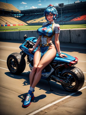 A woman, wearing white formula 1 runner's costume with blue parts, gigantic breasts, (blue hair), very short hair, hair pinned, bangs in front of the eyes, looking at the spectator, (((erotic pose interacting and leaning on an object))), on a race track with Kart, machinery, grandstand, ((full body):1.5). 16k, UHD, best possible quality, ((best possible detail):1), ((Super Mario Kart)), Princess Peach, best possible resolution, Unreal Engine 5, professional photography, perfect_hands, in the style of SM