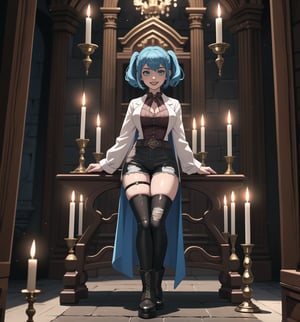 A Gothic-style masterpiece and Castlevania Symphony of the Night rendered in ultra-detailed 4K. | Aya, a young 23-year-old woman, is dressed in a Frankenstein-inspired outfit consisting of a ripped white shirt, ripped black pants, black leather boots, and a stained lab coat. Her short ((blue hair)) is disheveled with two pigtails held together by silver clips. Her golden eyes shine as ((she looks at the viewer, smiling and showing her white teeth)). It is located in an old castle, with rock and metal structures. An altar stands in the center of the site, surrounded by figurines and candelabra. Metallic structures and altars with macabre emblems complete the dark and gothic environment. | The image highlights Aya's imposing figure and the castle's architectural elements. The rock and metal structures, the altar, the statuettes, the chandeliers and the macabre emblems create a gothic and dark atmosphere. The lit candles illuminate the scene, creating dramatic shadows and highlighting the details of the scene. | Soft, shadowy lighting effects create a tense, uncomfortable atmosphere, while rough, detailed textures on structures and objects add realism to the image. | A gothic and mysterious scene of a mad scientist in an ancient castle, fusing elements of Frankenstein and Castlevania Symphony of the Night. | (((The image reveals a full-body shot as Aya assumes a sensual pose, engagingly leaning against a structure within the scene in an exciting manner. She takes on a sensual pose as she interacts, boldly leaning on a structure, leaning back and boldly throwing herself onto the structure, reclining back in an exhilarating way.))). | ((((full-body shot)))), ((perfect pose)), ((perfect arms):1.2), ((perfect limbs, perfect fingers, better hands, perfect hands, hands)), ((perfect legs, perfect feet):1.2), ((huge breasts)), ((perfect design)), ((perfect composition)), ((very detailed scene, very detailed background, perfect layout, correct imperfections)), Enhance, Ultra details++, More Detail, poakl