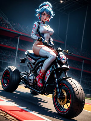 A woman, wearing white formula 1 runner costume with blue parts, gigantic breasts, blue hair, very short hair, hair pinned, bangs in front of the eyes, looking at the spectator, (((erotic pose interacting and leaning on an object)))), on a race track with Kart, machinery, grandstand, Formula 1 track background with a beautiful sunset,  ((full body):1.5). 16k, UHD, best possible quality, ((best possible detail):1), ((Super Mario Kart)), Princess Peach, best possible resolution, Unreal Engine 5, professional photography, perfect_hands, in the style of SM