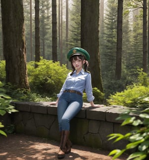 An ultra-detailed 8K masterpiece with fantasy and horror styles, rendered in ultra-high resolution with graphic detail. | Aya, a young 23-year-old woman, is dressed in a park ranger uniform consisting of a green and brown checkered shirt, blue jeans, brown leather boots and a green ranger hat. She has short blue hair, with two pigtails held together by silver barrettes, and a disheveled cut. ((Her golden eyes shine as she looks at the viewer, smiling and showing her white teeth)). It is located in a forest temple, surrounded by tall trees and rock structures. Tree trunks and wooden structures complete the natural environment, while concrete structures blend into the environment. Night has fallen and heavy rain falls, creating a dark and macabre atmosphere in the forest. | The image highlights Aya's imposing and sensual figure, contrasting with the dark and frightening environment of the forest temple. The rock, wooden and concrete structures, together with the vegetation and trees, create a mixed natural and artificial environment. The temple's artificial lighting creates dramatic shadows and highlights the details of the scene. | Soft, shadowy lighting effects create a tense, fear-filled atmosphere, while detailed textures on skin, fabrics, and structures add realism to the image. | A sensual and terrifying scene of a young ranger in a forest temple, exploring themes of fantasy and horror. | (((The image reveals a full-body shot as Aya assumes a sensual pose, engagingly leaning against a structure within the scene in an exciting manner. She takes on a sensual pose as she interacts, boldly leaning on a structure, leaning back and boldly throwing herself onto the structure, reclining back in an exhilarating way.))). | ((((full-body shot)))), ((perfect pose)), ((perfect arms):1.2), ((perfect limbs, perfect fingers, better hands, perfect hands, hands)), ((perfect legs, perfect feet):1.2), ((perfect design)), ((perfect composition)), ((very detailed scene, very detailed background, perfect layout, correct imperfections)), Enhance, Ultra details++, More Detail, poakl