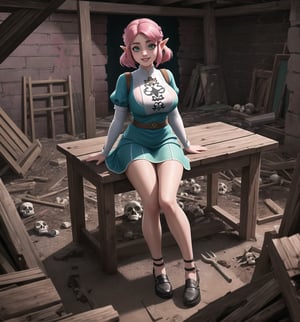 A masterpiece of gothic and fantasy style rendered in ultra-detailed 4K. | Princess Zelda, a young 23-year-old woman, is dressed in a simple maid uniform consisting of a white blouse, black skirt, white apron and black shoes. Her short ((pink hair)) is disheveled with two pigtails held in place by silver barrettes. Her green eyes shine as ((she looks at the viewer, smiling and showing her white teeth)). It is located in a filthy basement, with rocky structures, rotten wood and remains of destroyed buildings. An old and dirty table is in the center of the place, with metal tools scattered throughout the room. Skulls and skeletons are scattered across the floor, creating a sinister atmosphere. | The image highlights the imposing figure of Princess Zelda and the architectural elements of the basement. The rock structures, rotten wood, remains of destroyed buildings and metal tools create a gothic and sinister atmosphere. The old, dirty table and the skulls and skeletons scattered across the floor add a touch of fantasy to the scene. | Soft, shadowy lighting effects create a tense, uncomfortable atmosphere, while rough, detailed textures on structures and objects add realism to the image. | A gothic and fantasy scene of a princess employed in a filthy basement, fusing elements of gothic and fantasy. | (((The image reveals a full-body shot as the Princess Zelda assumes a sensual pose, engagingly leaning against a structure within the scene in an exciting manner. She takes on a sensual pose as she interacts, boldly leaning on a structure, leaning back and boldly throwing herself onto the structure, reclining back in an exhilarating way.))). | ((((full-body shot)))), ((perfect pose)), ((perfect arms):1.2), ((perfect limbs, perfect fingers, better hands, perfect hands, hands)), ((perfect legs, perfect feet):1.2), (((huge breasts))), ((perfect design)), ((perfect composition)), ((very detailed scene, very detailed background, perfect layout, correct imperfections)), Enhance, Ultra details++, More Detail, poakl
