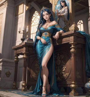 Image in 4K ultra-sharp with a Persian, Arabic, and Oriental style, combining religious elements and opulence. | A 29-year-old woman with long and straight blue hair, dressed in a Persian princess outfit, is standing inside a Persian temple. The outfit consists of a long and flowing dress in shades of blue and gold, with embroidery and precious stone details. She is also wearing a gold tiara with precious stones, a necklace with a star-shaped pendant, and gold bracelets. Her red eyes shine with happiness, and her mouth opens in a radiant smile, showing her white and well-aligned teeth, while her cheeks are flushed. | The composition of the image is in a wide-angle shot, emphasizing the woman's figure and the architectural elements of the temple. The stone walls, columns, statues, wooden gates, tables, metal candelabras, lamps, and stone altar, all over half a meter high, create a majestic and sacred environment. The natural lighting that enters through the high windows highlights the details of the scene. | Soft and warm lighting effects create a welcoming and mystical atmosphere, while detailed textures on the structures and the outfit add realism to the image. The intense shine of the woman's blue hair and the shine of the precious stones on the outfit and the tiara are highlighted by the rays of light that enter the scene. | A happy and enchanting scene of a woman dressed as a Persian princess inside a majestic temple, combining religious elements and opulence. | (((((The image reveals a full-body_shot as she assumes a joyful_pose, engagingly interacting with the structures within the scene in an exciting manner. She takes on a relaxed_pose as she interacts, boldly leaning on a structure, leaning back in an exciting way))))) | ((perfect_anatomy, perfect_body, perfect_pose)), ((full-body_shot)), ((perfect fingers, better hands, perfect hands):1.5), ((perfect legs, perfect feet):1.5), ((perfect design)), ((correct errors):1.5), ((perfect composition)), ((very detailed scene, very detailed background, correct imperfections, perfect layout):1.2), ((More Detail, Enhance))