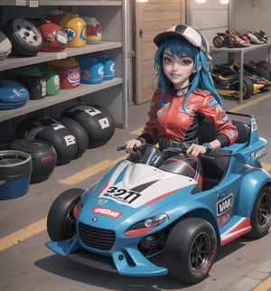 Image in a realistic style with a focus on racing, Kart, and sports, rendered in 8K ultra-detailed. | A 29-year-old woman with long and straight blue hair, dressed in a Kart racing suit, is standing inside a Kart garage. The suit consists of a fitted shirt and pants in shades of blue and white, with stripe details. She is also wearing a racing helmet with a visor, racing gloves, and a belt with tool compartments. Her red eyes shine with happiness, and her mouth opens in a radiant smile, showing her white and well-aligned teeth, while her cheeks are flushed. | The composition of the image is in a wide-angle shot, emphasizing the woman's figure and the elements of the garage. The concrete floor, concrete walls, metal shelves with tools, metal Karts, and worktable with a swivel chair create a sporty and mechanical environment. The artificial lighting shines on the metallic surfaces and highlights the details of the scene. | Soft and cool lighting effects create a challenging and exciting atmosphere, while detailed textures on the structures and the suit add realism to the image. The intense shine of the woman's blue hair is highlighted by the garage lights, while the helmet and the gloves suggest an exciting racing scene. | A happy and exciting scene of a woman dressed as a Kart racer inside a sporty and mechanical garage, with a focus on racing, Kart, and sports. | (((((The image reveals a full-body_shot as she assumes a joyful_pose, engagingly interacting with the Kart and the tools within the scene in an exciting manner. She takes on a relaxed_pose as she interacts, boldly leaning on the Kart, leaning back in an exciting way))))) | ((perfect_anatomy, perfect_body, perfect_pose)), ((full-body_shot)), ((perfect fingers, better hands, perfect hands):1.5), ((perfect legs, perfect feet):1.5), ((perfect design)), ((correct errors):1.5), ((perfect composition)), ((very detailed scene, very detailed background, correct imperfections, perfect layout):1.2), ((More Detail, Enhance))